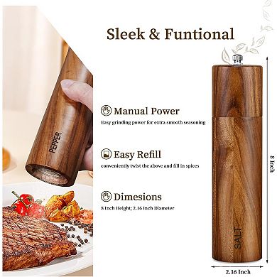 Acacia Wood Salt and Pepper Grinder Set 2 Pack Adjustable Coarseness