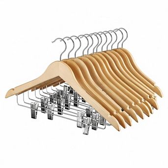 12 Pack High-grade Wooden Suit Hangers with Clips Solid Wood Pants Hangers Smooth Finish Durable