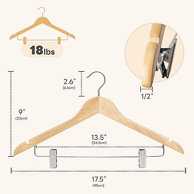 12 Pack High-grade Wooden Suit Hangers with Clips Solid Wood Pants Hangers Smooth Finish Durable
