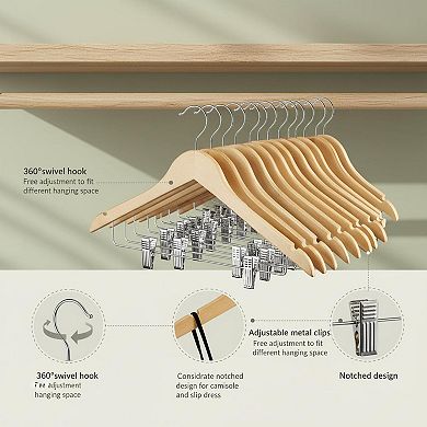 12 Pack High-grade Wooden Suit Hangers with Clips Solid Wood Pants Hangers Smooth Finish Durable
