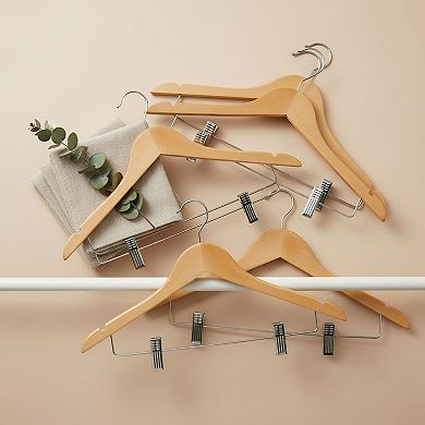 12 Pack High-grade Wooden Suit Hangers with Clips Solid Wood Pants Hangers Smooth Finish Durable
