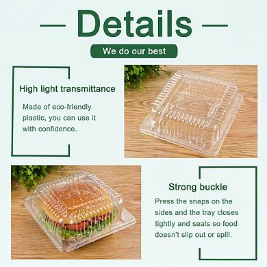 100 Pack Clear Plastic Hinged Food Containers Disposable Takeout Trays w/ Lids For Pastry Salad