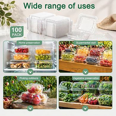 100 Pack Clear Plastic Hinged Food Containers Disposable Takeout Trays w/ Lids For Pastry Salad