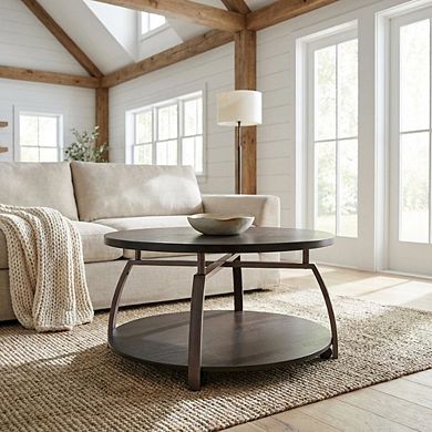 FurniFact Round Dark Grey Coffee Table with Engineered Wood Top and Contemporary Design