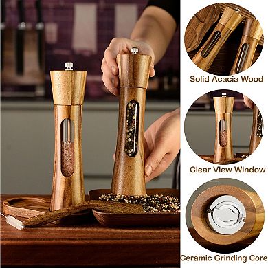 Wooden Salt Pepper Grinder Set 2 Pack 8 Inch Refillable with Window