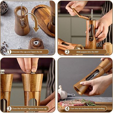 Wooden Salt Pepper Grinder Set 2 Pack 8 Inch Refillable with Window