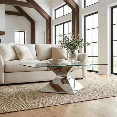 FurniFact Rectangular Chrome Coffee Table with Glass Top and Stainless Steel Frame