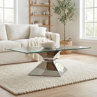 FurniFact Rectangular Chrome Coffee Table with Glass Top and Stainless Steel Frame