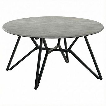 FurniFact Round Cement Coffee Table in Grey with Gunmetal Base Rustic Design