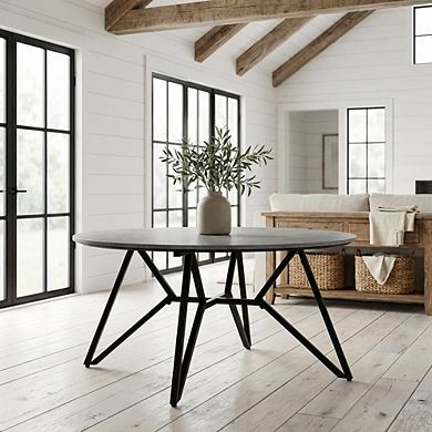 FurniFact Round Cement Coffee Table in Grey with Gunmetal Base Rustic Design