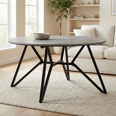 FurniFact Round Cement Coffee Table in Grey with Gunmetal Base Rustic Design