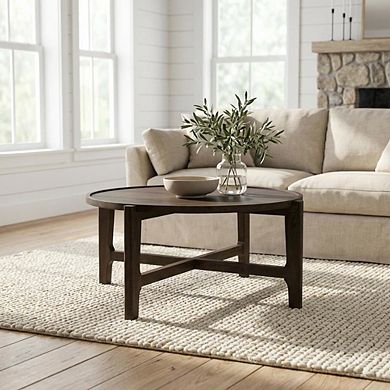 FurniFact Round Dark Brown Solid Wood Coffee Table with Transitional Style