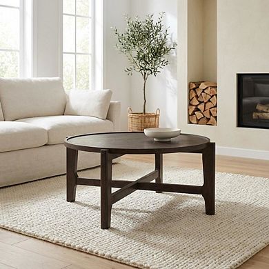 FurniFact Round Dark Brown Solid Wood Coffee Table with Transitional Style