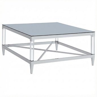 FurniFact Silver Square Tempered Mirror Acrylic Coffee Table with Chrome Base