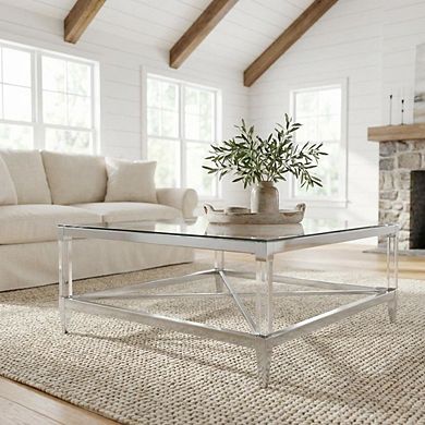 FurniFact Silver Square Tempered Mirror Acrylic Coffee Table with Chrome Base