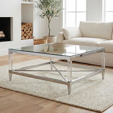 FurniFact Silver Square Tempered Mirror Acrylic Coffee Table with Chrome Base