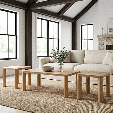FurniFact Light Oak 3-Piece Coffee Table Set with Rectangular Top and End Tables