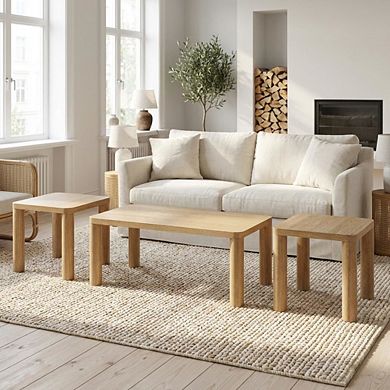 FurniFact Light Oak 3-Piece Coffee Table Set with Rectangular Top and End Tables