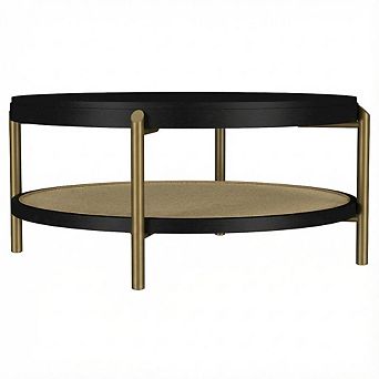FurniFact Round Black Coffee Table with Storage Shelf and Adjustable Levelers