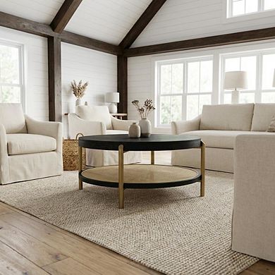 FurniFact Round Black Coffee Table with Storage Shelf and Adjustable Levelers