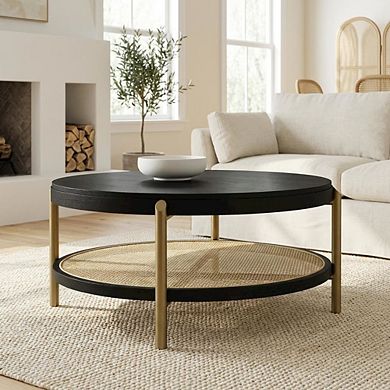 FurniFact Round Black Coffee Table with Storage Shelf and Adjustable Levelers