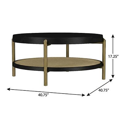 FurniFact Round Black Coffee Table with Storage Shelf and Adjustable Levelers