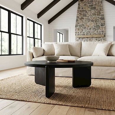FurniFact Round Black Coffee Table Solid Wood Contemporary Design with Stable Build