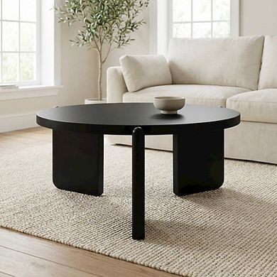 FurniFact Round Black Coffee Table Solid Wood Contemporary Design with Stable Build