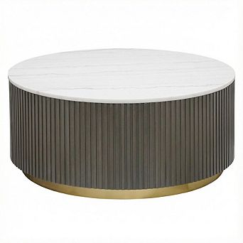 FurniFact Round White Marble Top Coffee Table, Charcoal Wood Finish Contemporary Design