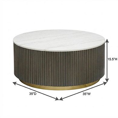FurniFact Round White Marble Top Coffee Table, Charcoal Wood Finish Contemporary Design