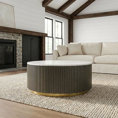 FurniFact Round White Marble Top Coffee Table, Charcoal Wood Finish Contemporary Design