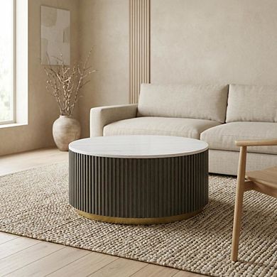 FurniFact Round White Marble Top Coffee Table, Charcoal Wood Finish Contemporary Design