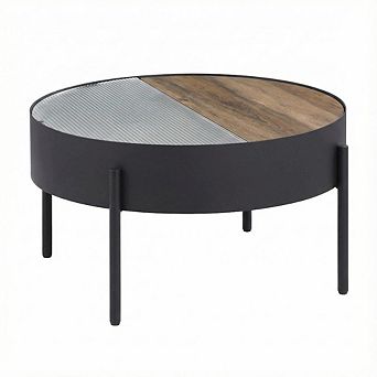 FurniFact Round Coffee Table Sandy Black with Hidden Storage Rustic Design