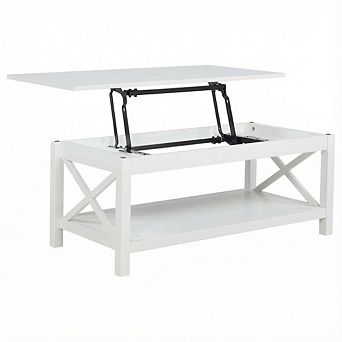 FurniFact White Rectangular Lift-Top Coffee Table with Plastic Glide and Coastal Style