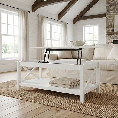 FurniFact White Rectangular Lift-Top Coffee Table with Plastic Glide and Coastal Style