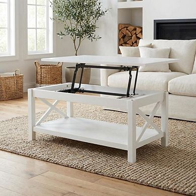 FurniFact White Rectangular Lift-Top Coffee Table with Plastic Glide and Coastal Style