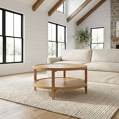 FurniFact Round Maple Brown Solid Wood Coffee Table with Transitional Style