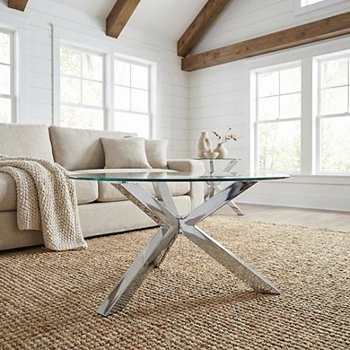 FurniFact Round Tempered Glass Top Coffee Table Chrome Frame with Plastic Glide Base