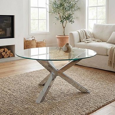FurniFact Round Tempered Glass Top Coffee Table Chrome Frame with Plastic Glide Base