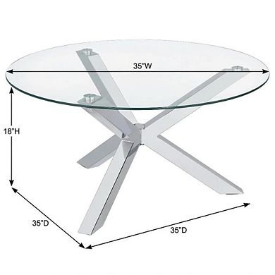 FurniFact Round Tempered Glass Top Coffee Table Chrome Frame with Plastic Glide Base