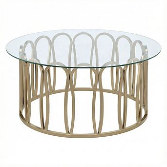 FurniFact Round Gold Coffee Table with Glass Top and Chrome Base Modern Design