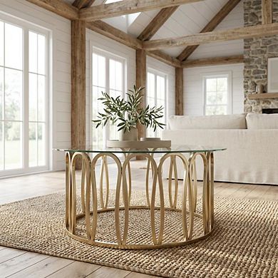 FurniFact Round Gold Coffee Table with Glass Top and Chrome Base Modern Design