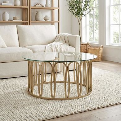 FurniFact Round Gold Coffee Table with Glass Top and Chrome Base Modern Design