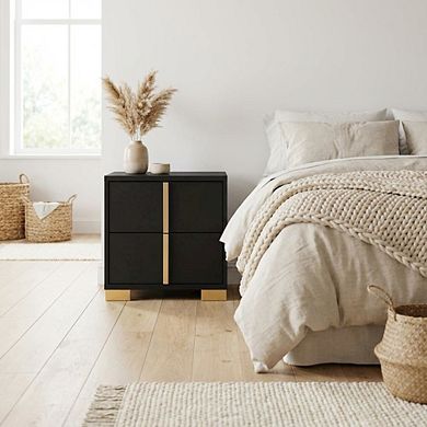 FurniFact Black Bedroom Nightstand with Metal Legs and Contemporary Style