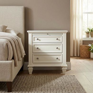 FurniFact Cream White Bedroom Nightstand with 3 Drawers and Coastal Style