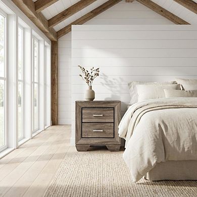 FurniFact Washed Taupe Bedroom Nightstand with 2 Drawers and Chrome Finish