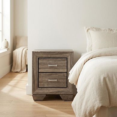 FurniFact Washed Taupe Bedroom Nightstand with 2 Drawers and Chrome Finish