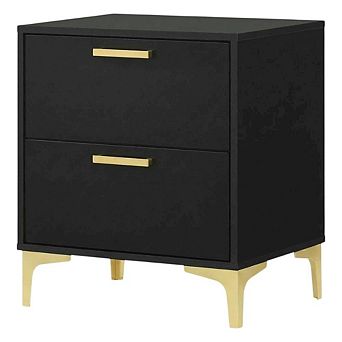 FurniFact Black Modern Nightstand with Gold Accents and Sturdy Metal Legs