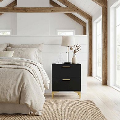 FurniFact Black Modern Nightstand with Gold Accents and Sturdy Metal Legs