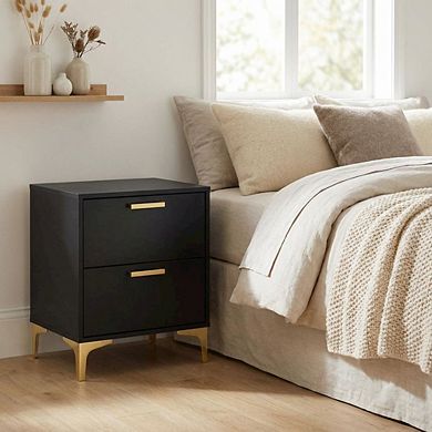 FurniFact Black Modern Nightstand with Gold Accents and Sturdy Metal Legs